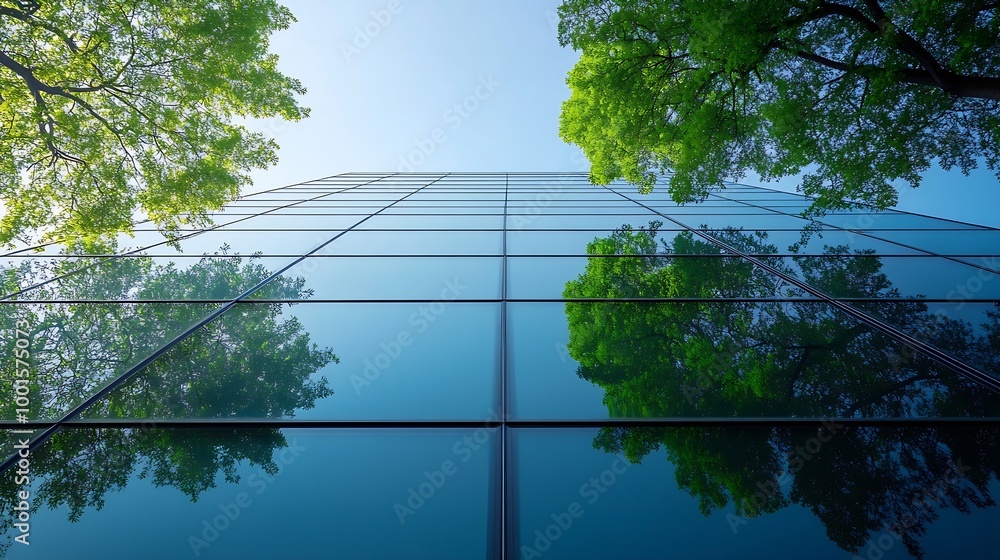 Poster sustainable green building ecofriendly building sustainable glass office building with tree for redu