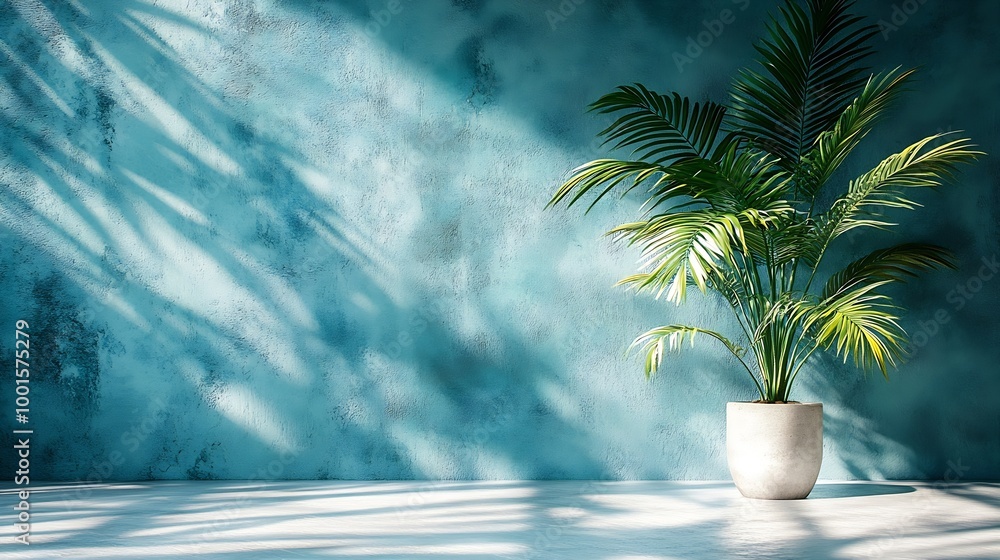 Poster minimal product placement background with palm shadow on blue plaster wall luxury summer architectur