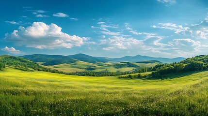 Fototapeta premium panorama of beautiful countryside of romania sunny afternoon wonderful springtime landscape in mountains grassy field and rolling hills rural scenery : Generative AI
