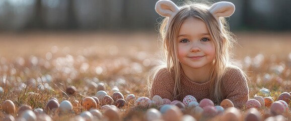 Happy Little Girl in Bunny Ears Surrounded by Easter Eggs
