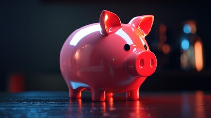 A small pink piggy bank sits on a wooden table, perfect for storing coins or bills