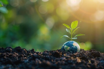 A tiny plant grows out of the ground, with green shoots and roots visible
