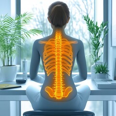 Female figure with illuminated spine, showcasing anatomy and wellness in a serene setting.