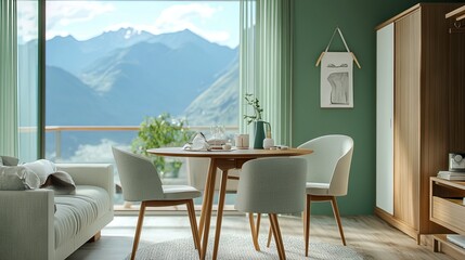 Obraz premium Chairs at a round wooden dining table in a green room with a wall-sized window overlooking the mountains 