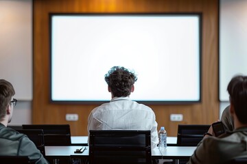 Businessman sitting in conference room looking at blank white TV