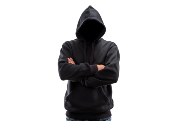 Fashionable man in a black hoodie striking a pose with arms crossed isolated on transparent background