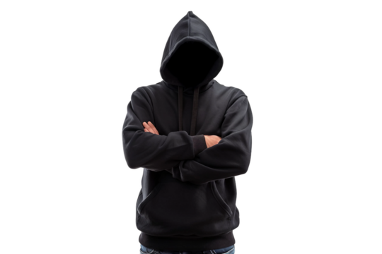 Fashionable man in a black hoodie striking a pose with arms crossed isolated on transparent background