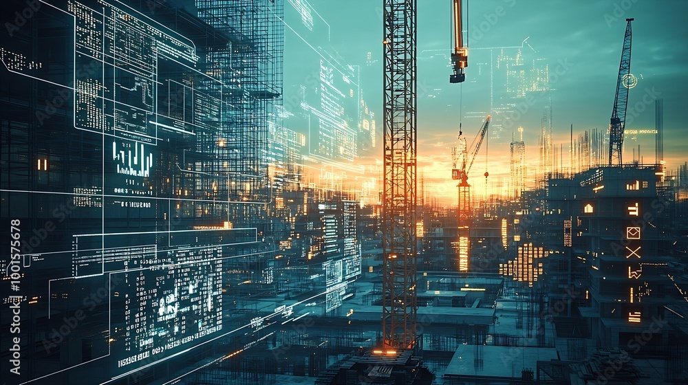 Poster Image of financial data processing over crane and construction site global development business finance digital interface and data processing concept digitally generated image : Generative AI