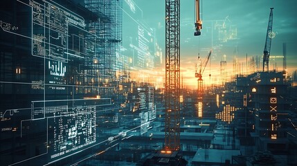 Image of financial data processing over crane and construction site global development business finance digital interface and data processing concept digitally generated image : Generative AI