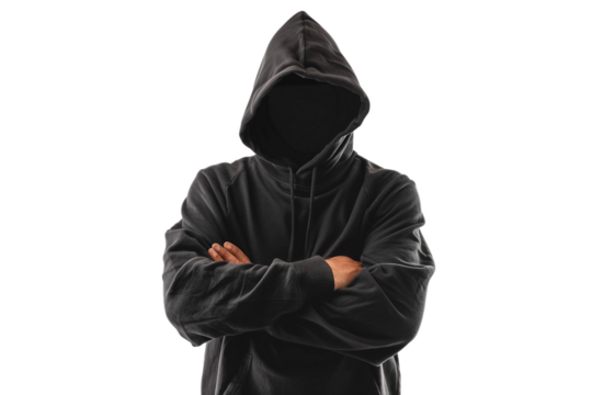 Young man in a black hoodie standing with arms crossed, capturing a moment of contemplation isolated on transparent background