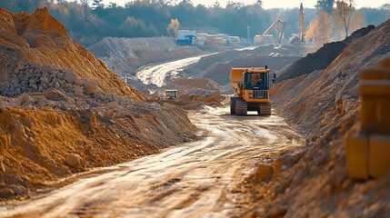 Construction site Hills of rubble and sand and highvoltage pylons Construction of a new highway repair of the roadway underground laying of pipes and electrical communications : Generative AI