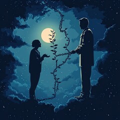 A silhouette of a man and woman connected by a vine under a full moon.