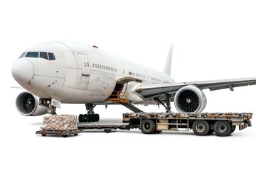 A large commercial jetliner sitting on top of a flatbed truck, with no context or surrounding environment