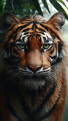 Fototapeta premium Close-up of a tiger's face in the rain.