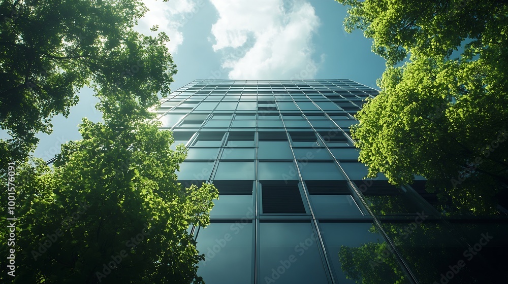 Aufkleber ecofriendly building in the modern city sustainable glass office building with trees for reducing he
