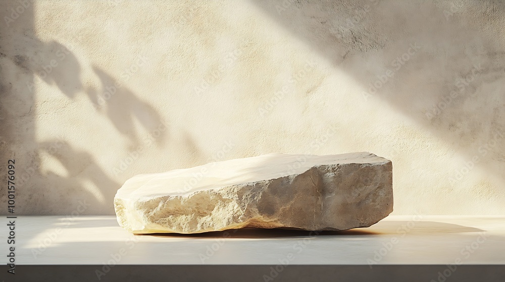 Aufkleber beige concept product display podium rock stone with blurred background with sunlight shadow : gener