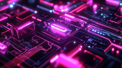 Obraz premium Close up of a futuristic circuit board with glowing pink and blue lines.
