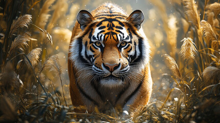 A tiger stares intensely at the camera, its stripes  and fur catching the warm light.