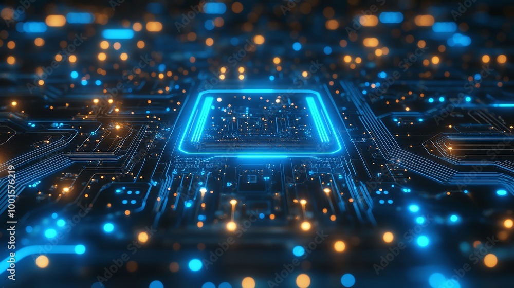 Poster abstract circuit board with glowing neon blue lines and dots, digital system and business concept ba