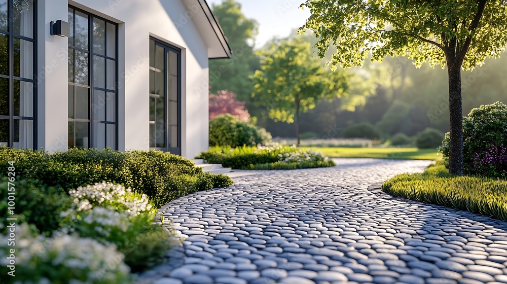 Poster White simple family house with cobblestone entry pathway : Generative AI