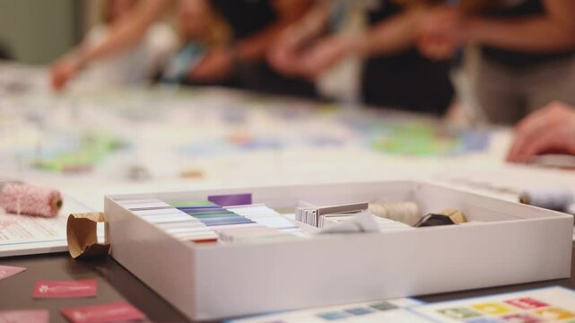 Process of playing tabletop board game on the table, fun with friends and family in room indoors, board game concept, company group of students adults play board games, roll the dice on a game map