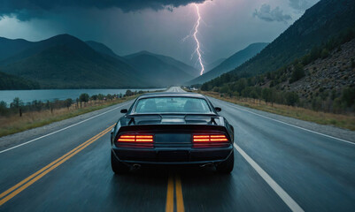 Fototapeta premium A black car drives down a highway with a lake and mountains in the background, a lightning bolt strikes in the distance