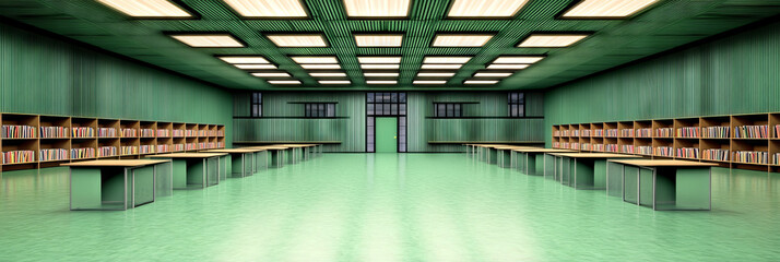 Obraz premium Empty library with green walls, long tables, and bookshelves.