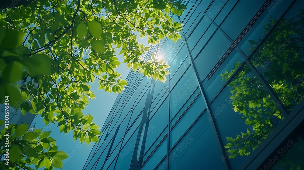 Aufkleber ecofriendly building in the modern city green tree branches with leaves and sustainable glass buildi