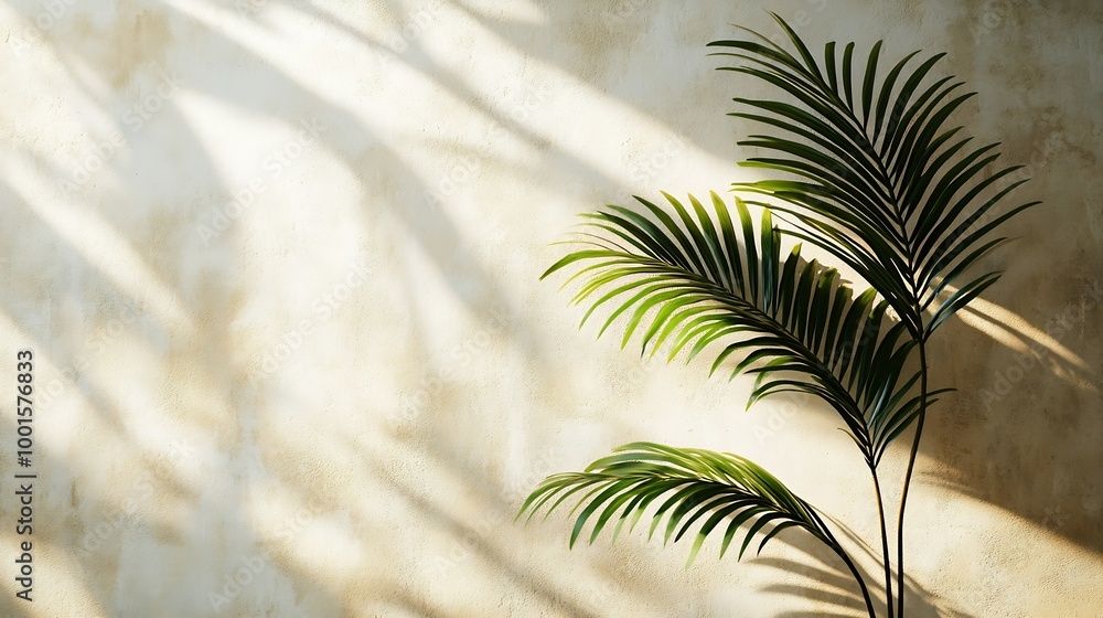 Poster minimal product placement background with palm shadow on plaster wall luxury summer architecture int