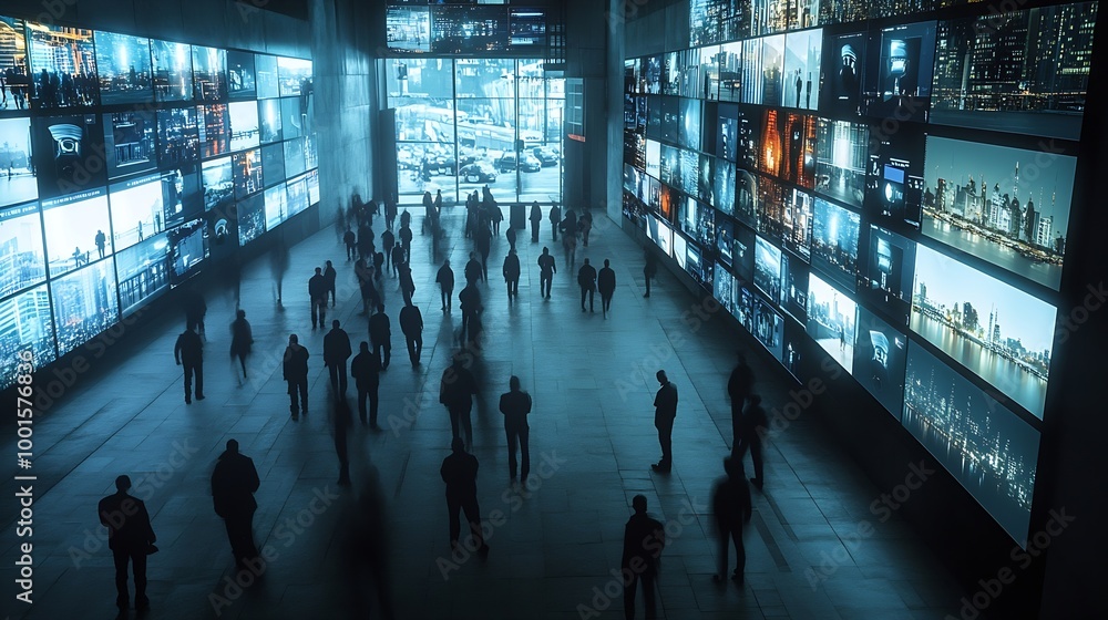 Poster Surveillance Camera CCTV Footage Multiple Screens Show Inside Building Unrecignizible People Walk HighTech Security Data Protection Mockup Screen Replacement Template for Computer Disp : Generative AI