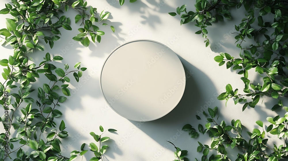 Poster empty round podium and green leaves on light grey background top view pedestal and fresh natural bra