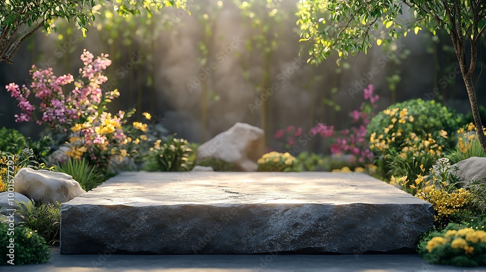 Poster Front view of the stone podium showcases products in a garden with flowers plants and branches Empty platform : Generative AI