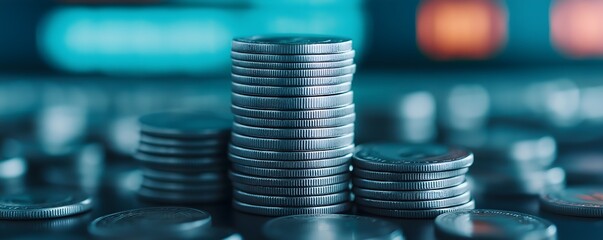 Stacked coins in focus, surrounded by a background of more coins, illustrating themes of savings, finance, and investment.