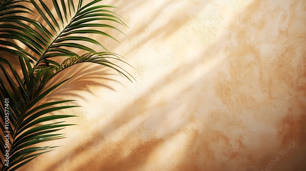 Poster minimal product placement background with palm shadow on beige plaster wall luxury summer architectu