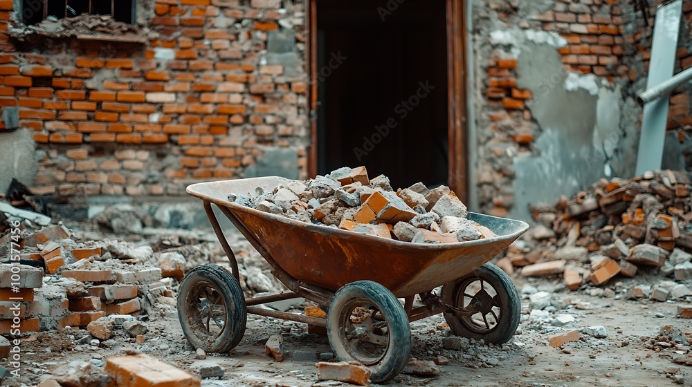 Aufkleber break the wall for renovation and build the door for entrance of building wheelbarrow with broken br