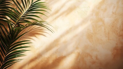 Obraz premium Minimal product placement background with palm shadow on beige plaster wall Luxury summer architecture interior aesthetic Boho home room for product platform stage mockup : Generative AI