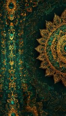 Emerald and gold mandala pattern in vibrant symmetry.