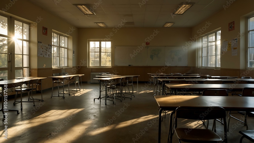 Poster empty classroom with sunlight streaming in.