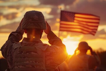 A soldier honors the flag at sunset, ideal for patriotic and military-themed projects