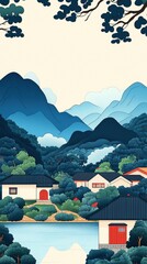 Tranquil Blue Mountain Landscape with Snowy Peaks and Pine Trees