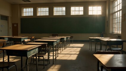 Empty classroom with sunlight streaming in.
