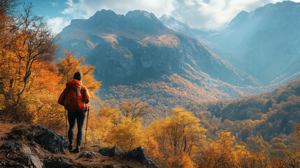 Obraz premium Solo hiker admires the breathtaking autumn landscape in a serene mountain setting during a clear day