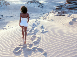Woman in White Dress Walking Barefoot Across Sunlit Desert Sand Dunes