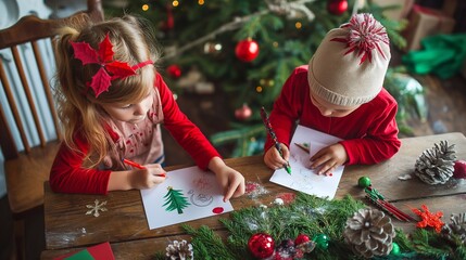 Two children are busy drawing christmas cards, surrounded by festive decorations and the warm glow of the christmas tree. The scene evokes the joy and creativity of the holiday new year season