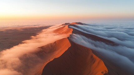 foggy desert landscape with sand dunes covered in thick morning fog, aerial view by drone capturing serene and remote wilderness, calm atmosphere and misty dunes at sunrise