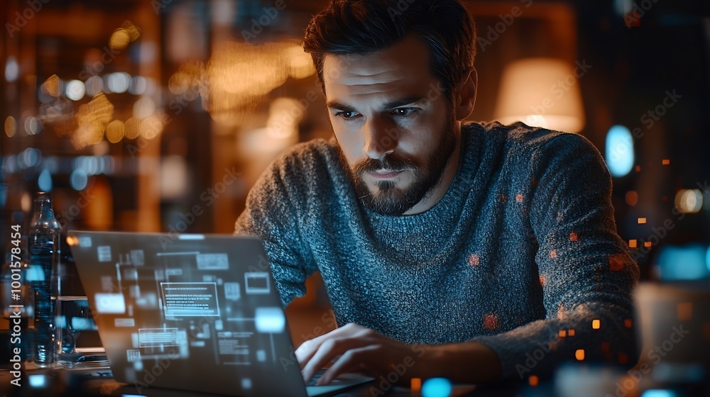 Poster thoughtful businessman programmer in casual wear typing on laptop at office workplace concept of tec