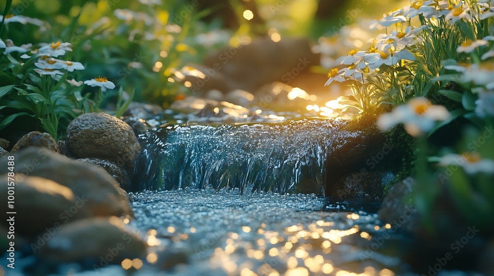 Poster Spring background Stream of water in the forest : Generative AI