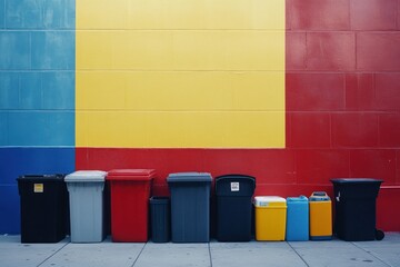 Colorful Wall with Various Trash Bins in Urban Setting