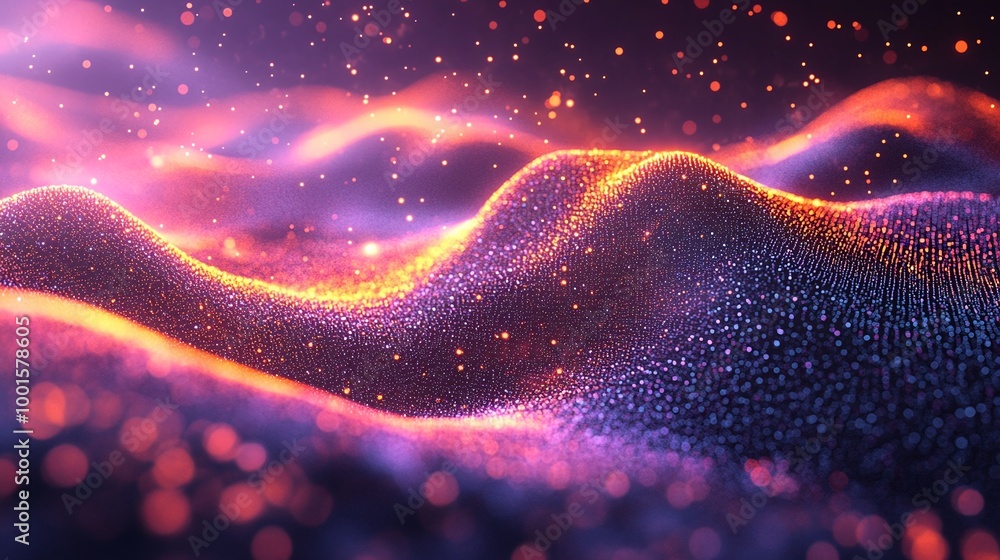 Poster abstract digital art background with colorful glowing particles pulsing to sound waves, vibrant ener