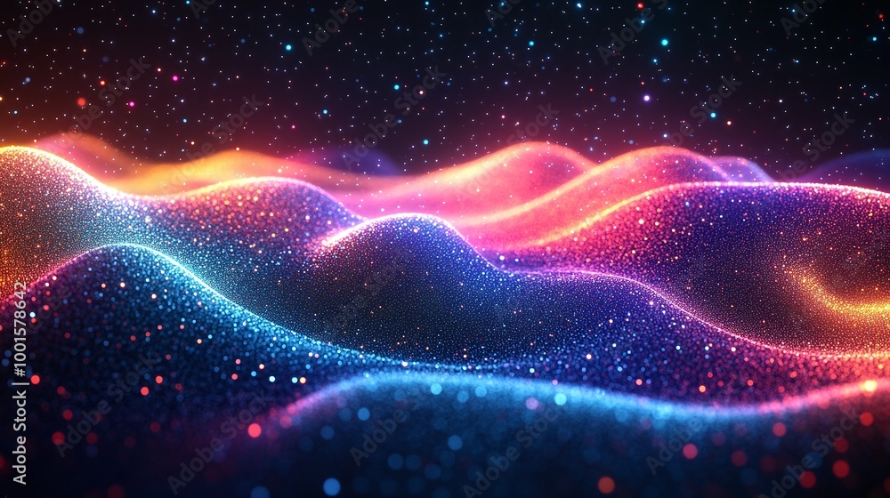 Poster abstract digital art background with colorful glowing particles pulsing to sound waves, vibrant ener